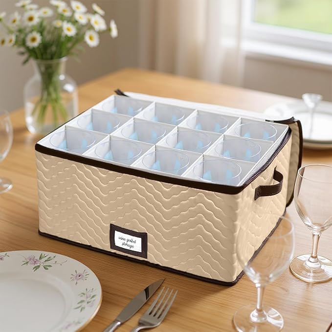 Wine Glass Storage Box with Dividers - Stemware Storage Case, Durable Quilted Microfiber Bin with Carry Handles, Protects Fine China - (1 Pack, Red Wine Glass)