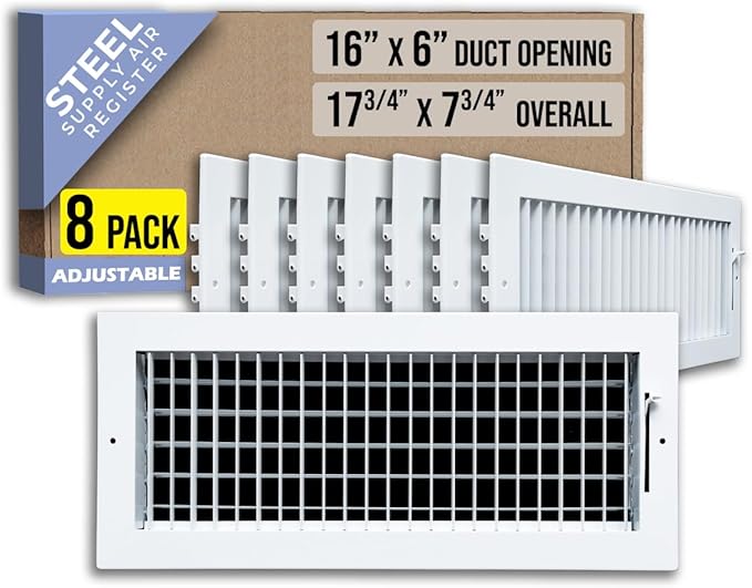 [8 Pack] Fits 16x6 Duct Opening Steel Adjustable Air Supply Grille by Handua | Register Vent Cover Grill for Sidewall and Ceiling | White | Out. Dim.: 17.75" X 7.75"