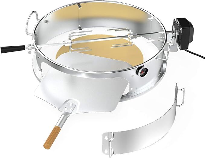 onlyfire Stainless Steel Multi-purpose Rotisserie and Pizza Combo Kit for Weber 22-Inch Kettle Charcoal Grills - Include Pizza Peel and Pizza Stone