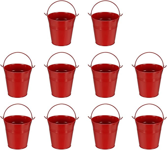 Small Metal Buckets, Mini Buckets with Handle Galvanized Colored Tin Pail Containers Basket Party Supplies - Fit for (Halloween - Classroom Crafts) 4" & 10Pcs & Red