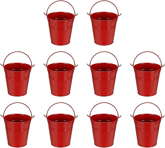 Small Metal Buckets, Mini Buckets with Handle Galvanized Colored Tin Pail Containers Basket Party Supplies - Fit for (Halloween - Classroom Crafts) 4" & 10Pcs & Red