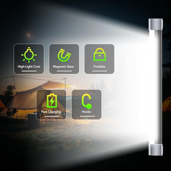 LETOUR LED Tube Magnetic Light Work Lights 6000Lumens 10400mAh 5 Lighting Options Camping Lantern USB Rechargeable Portable Battery Powered Lights with 2 Magnets Endurance for 80 Hours