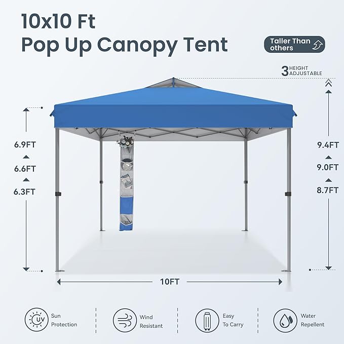 PHI VILLA 10x10 Pop Up Canopy Tent - One Push Setup, Instant Shade Tent with Vented Roof for Beach & Events - Includes Storage Bag, Sandbags, Stakes & Ropes (Blue)