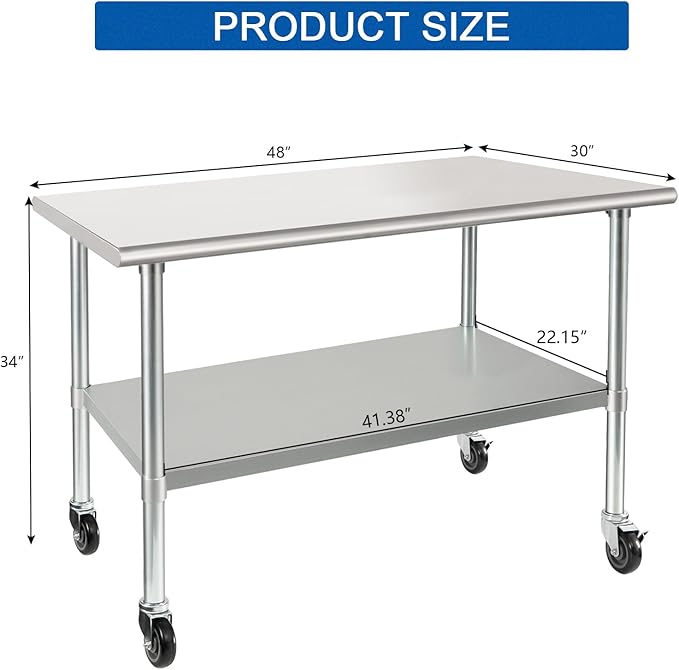 HARDURA Stainless Steel Table with Wheels 30 x 48 Inches Casters NSF Heavy Duty Commercial Work & Prep Table with Undershelf and Galvanized Legs for Restaurant Kitchen Bar and Hotel Garage