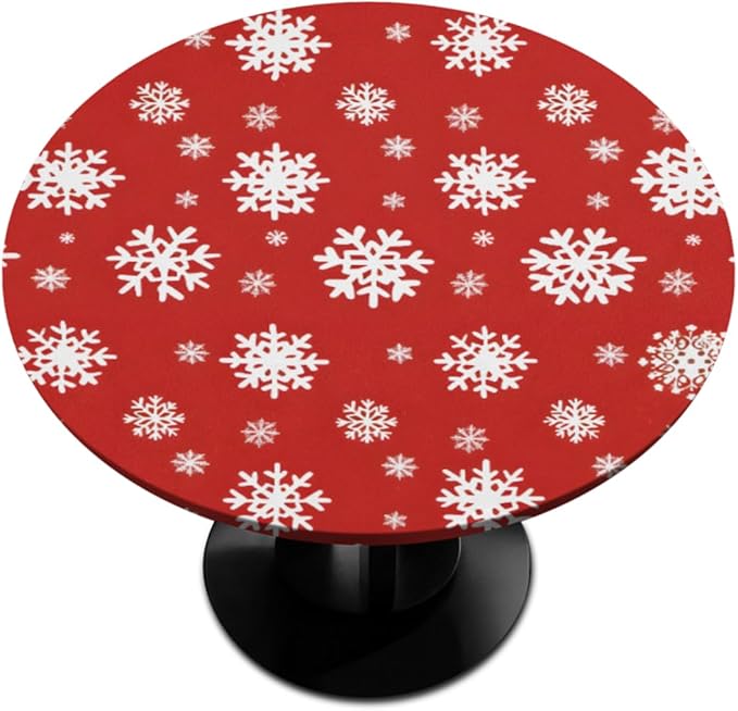 Christmas Snowflake Red White Round Table Cloth Cover, Elastic Edge Waterproof Wipeable Tablecloths 45"-56" Polyester Tablecloth for Party Restaurant Banquet Holiday Camping Outdoor Picnic