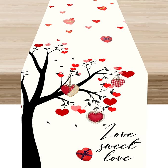 Valentines Day Table Runner,Rustic Love Tree Red Black Heart Valentines Runner for Table Seasonal Artistic Decor for Indoor Outdoor Dining Table Decorations, 13"x90"