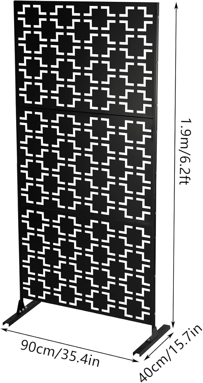 Outdoor Metal Privacy Screen with Stand, 35.4" W x 75" H Freestanding Metal Slatted Decorative Privacy Screen and Panels for Patio Garden Balcony Porch (Black B)