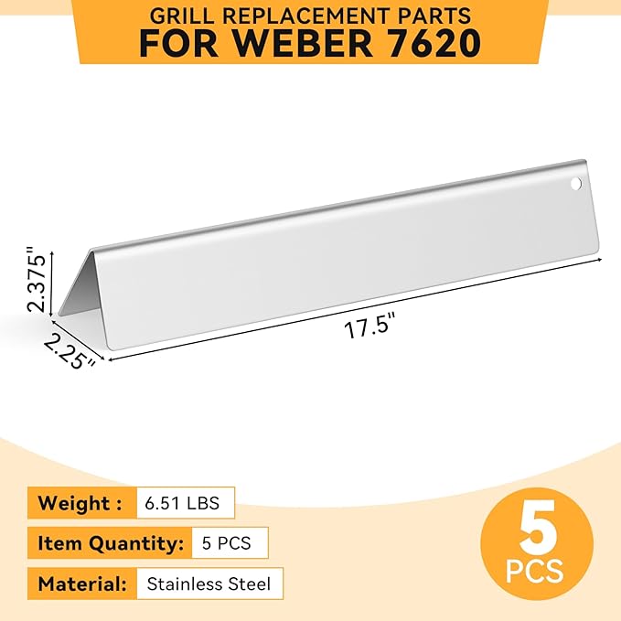 17.5 Inch Stainless Steel Flavorizer Bars for Weber Genesis 300 Gas Grills with Front-Mounted Knobs, for Genesis E310, E320, E330, S310, S320, S330, Replacement for Genesis Grill Parts 7620, 5 PCS