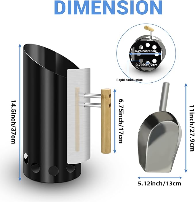 Charcoal Chimney Starter with Insulation Gloves and Briquet Shovel Set,Double Enameled Chimney Starter Double The Service Life with Heat Shield & Wood Handle Heat Insulation and Easy Grip