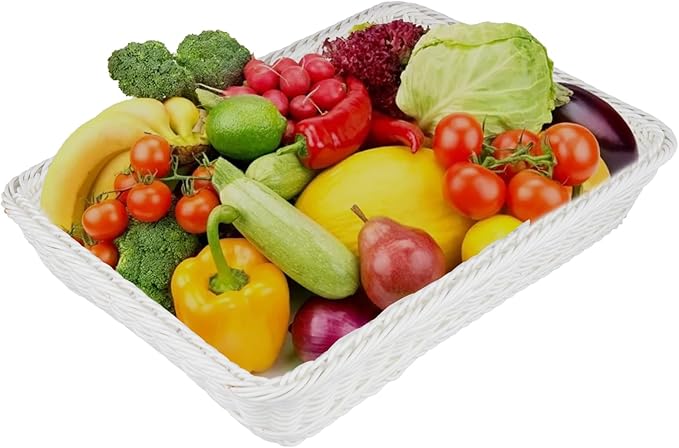 5 Pack Poly Wicker Bread Baskets 15.7x11.8x2.8 Inch, Restaurant-Grade Food Display Trays, Moisture-Resistant for Kitchen Storage/Tabletop Serving/Hotel Buffet (White)