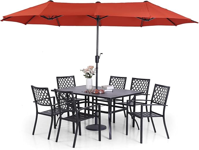 Sophia & William Patio Dining Set with 13ft Double-Sided Patio Umbrella, 8 Piece Metal Outdoor Table Furniture Set with 6 Chairs and 1 Rectangular Dining Table and 1 Large Orange Red Umbrella