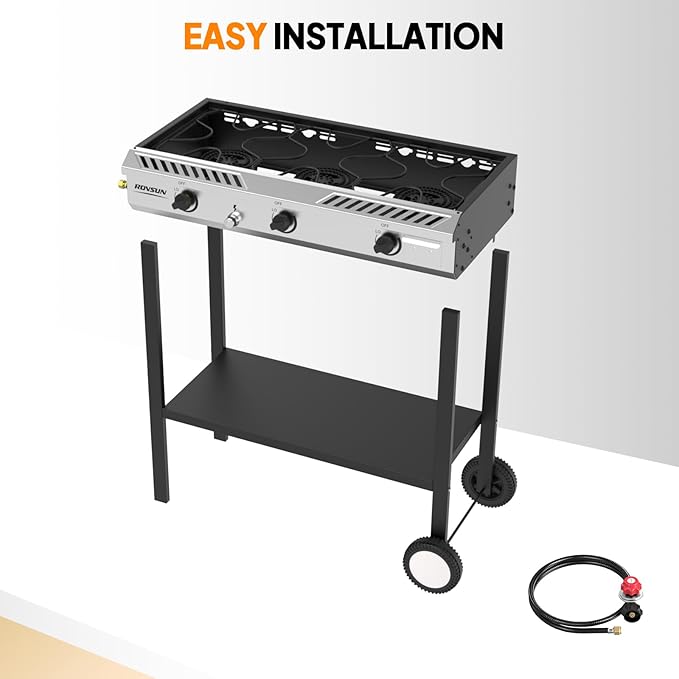 ROVSUN 3 Burner Propane Stove with Auto Ignition, 225,000 BTU Gas Stove with Storage Shelf, Rolling Wheels & Regulator for Home Outdoor Backyard Camping Cooking Frying Brewing Canning