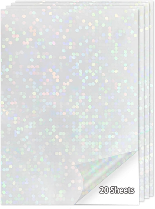 20 Sheets Holographic Sticker Paper,8.5x11 Inch Clear Printable Vinyl Sticker Papers,Self-Adhesive Waterproof for Inkjet/Laser Printer（Clear Dots）