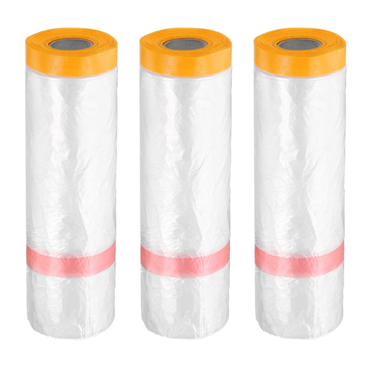 HARFINGTON 3 Rolls Pre-Taped Masking Film 126" x65.6ft Double Adhesive Tape and Drape Painters Plastic Drop Cloth Film with Tape Plastic Sheeting for Automotive Painting Covering