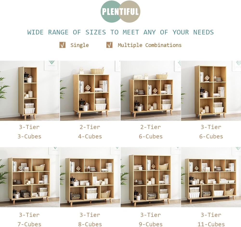 IOTXY Open Cube Low Bookcase - 3-Tier Freestanding Storage Display Cabinet Organizer with Legs for Home Office, 11-Cubes Open Shelf Short Bookshelf, Oak