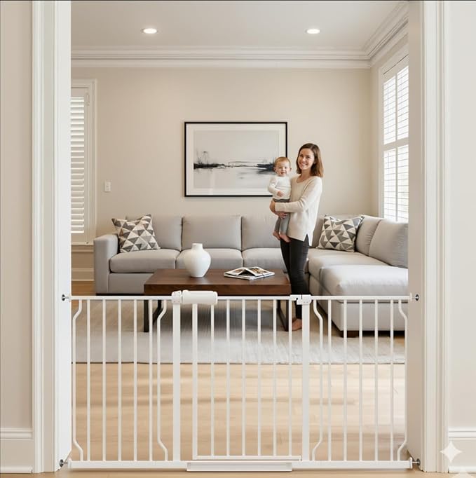 57.5-62" Extra Wide Baby Gate for Doorways,30" Tall Double Lock Mechanism Metal Dog Gate Pressure Mount，Automatic Closing Child Safety Gate,White