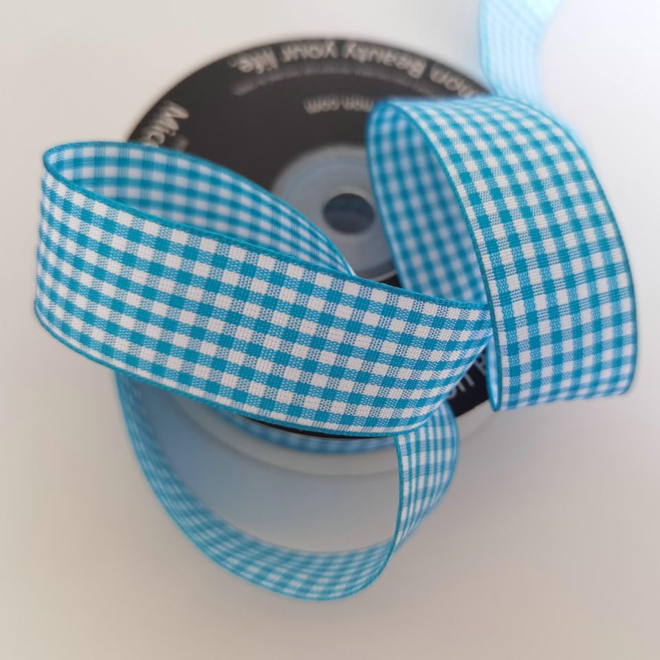 Micomon 1-Inch Vivid Blue and White Woven Edge Plaid Ribbon Polyester Gingham Ribbon 25 Yards Each Roll (1",Vivid Blue)