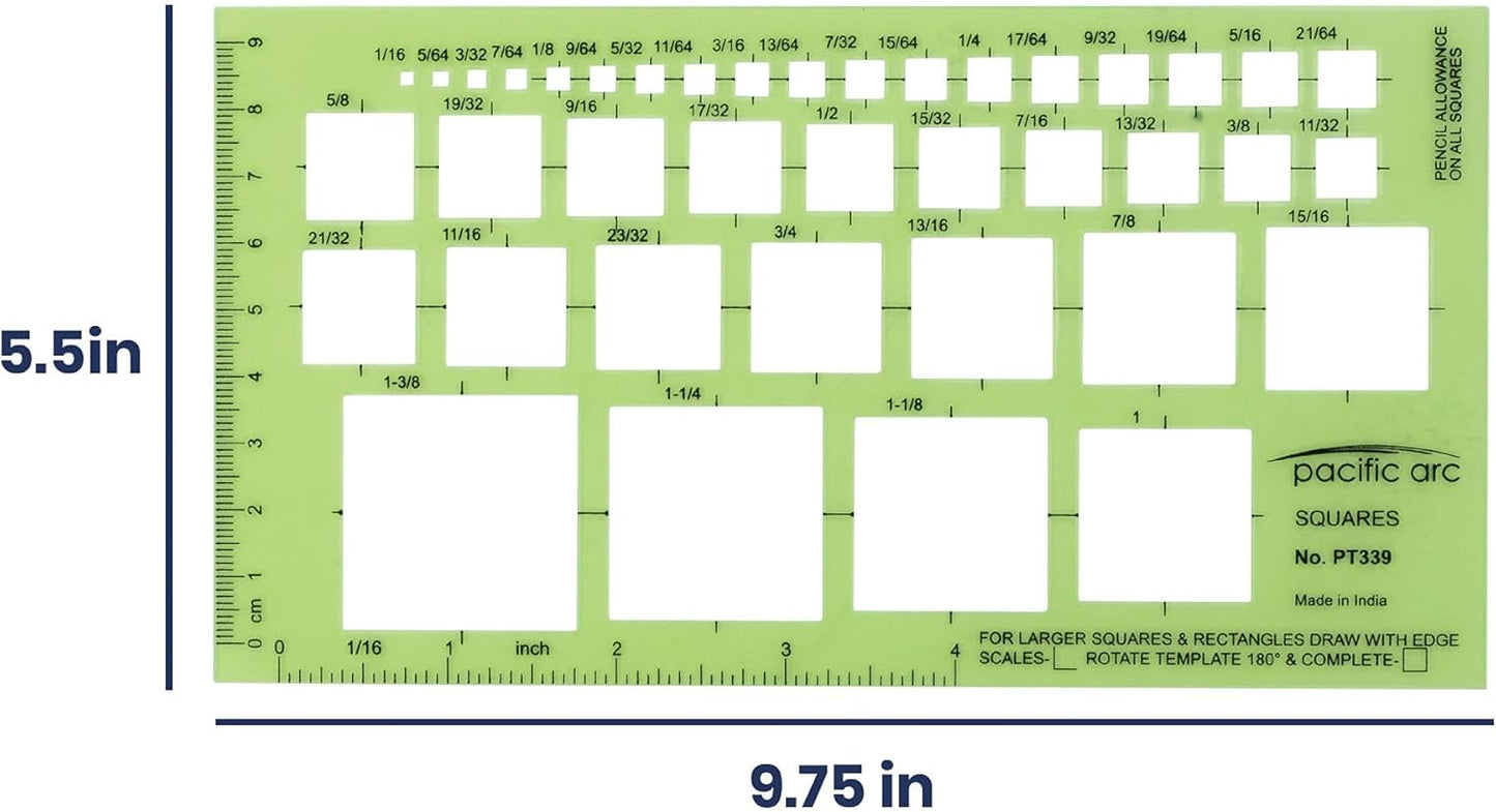 Pacific Arc Squares Template Guide, 39 Squares ranging from 1/16 inch to 1 and 3/8 inch