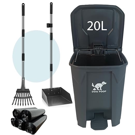 Large Dog Poop Trash Can Outdoor 20L / 5.3 Gallon with Metal Rake & Tray Set - Heavy Duty Stainless Steel Pooper Scooper & Waterproof Pet Waste Station for Large Dogs