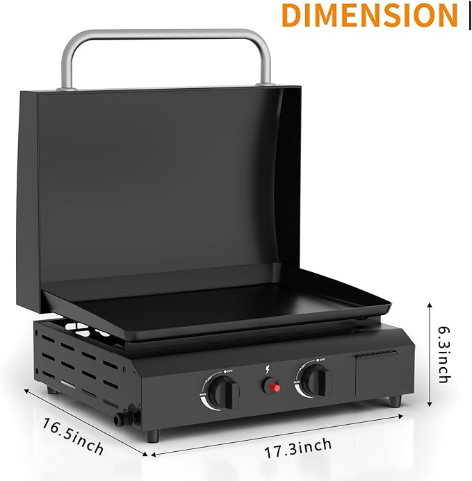 2 Burner BBQ Gas Griddle with Hood, 17.3 Inch Stainless Steel Portable Detachable Propane Griddle, 60,000 BTU Flat Top Grill with Lid for Camping, Black