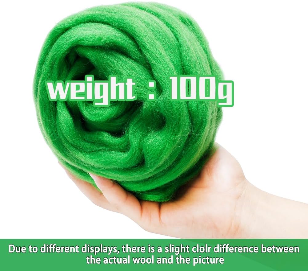3.53oz Wool Roving Yarn, Wool Felting Supplies, Pure Wools, Chunky Yarn, Spinning Wool Roving for Needle Felting Wet Felting DIY Hand Spinning (Green)