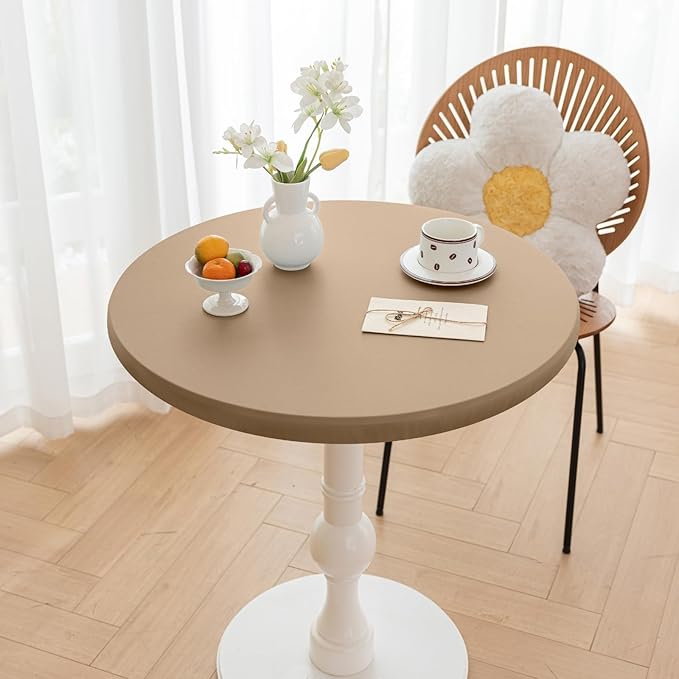 Round Fitted PU Tablecloth with High Elastic Edge 59 Inch Dia Waterproof Oil Proof Table Cloth Anti-scald Stain-Resistant Wipeable Table Cover for Indoor Outdoor Picnic (Cream Coffee,59"Dia)