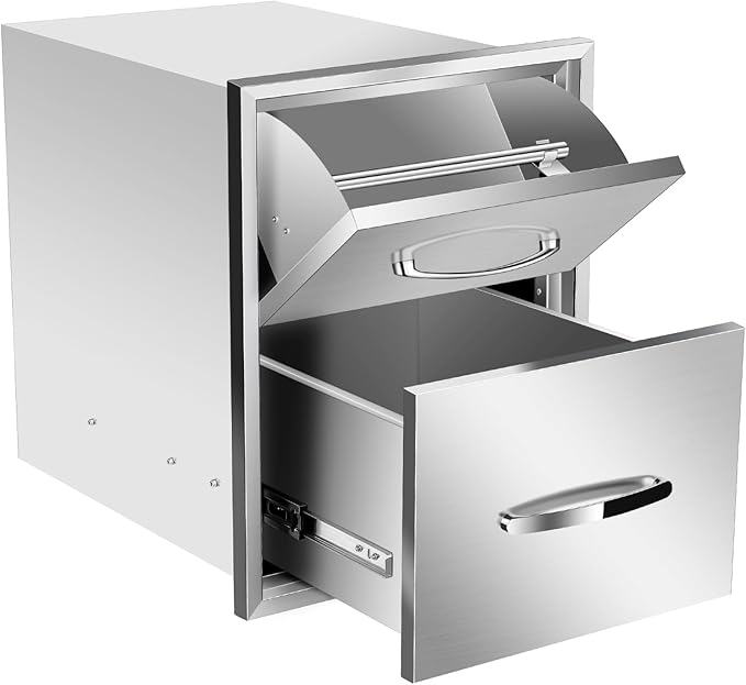 Outdoor Kitchen Drawers, Box Frame Style Flush Mount BBQ Drawer w/Stainless Steel Handle, BBQ Island Drawers For Patio Grill Station,Double Drawers