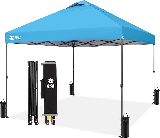 CROWN SHADES 10x10 Pop Up Canopy Tent - Patented Center Lock One Push Instant Outdoor Canopy Beach Tent with STO-N-Go Bag 8 Stakes & 4 Sand Bags，Sky Blue