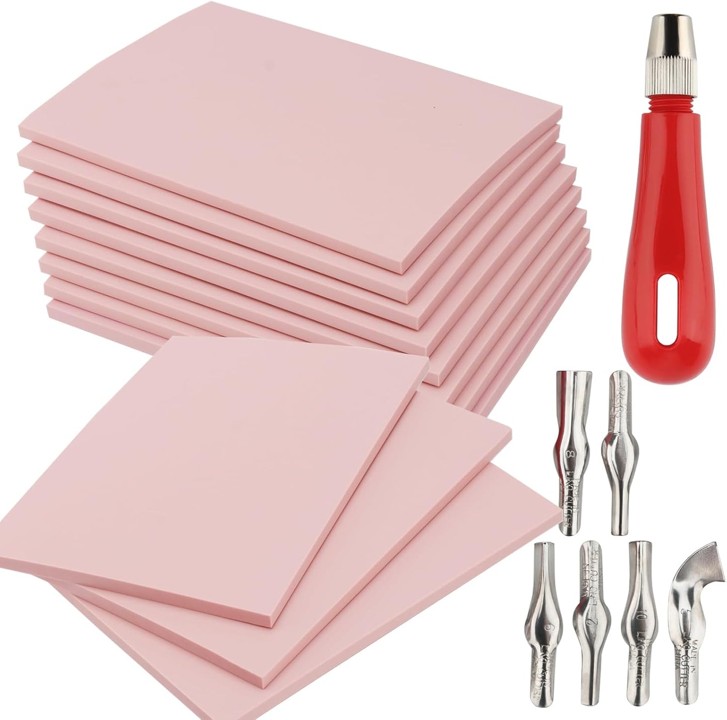 ZOENHOU 12 Pcs 4" x 6" Pink Rubber Carving Blocks, Soft Rubber Crafts Rubber Stamping Blanks with Carving Tools, Linoleum Blocks for Printmaking