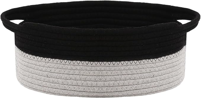 Woven Basket,Small Rope Storage Bin with Handles & Ribbon Bag, Organizer for Shelves Closets,Gift Basket Empty for Birthday,Books,Dog Toys, Black&Grey