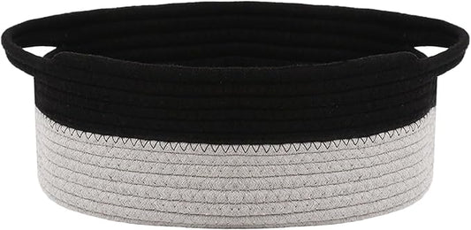 Woven Basket,Small Rope Storage Bin with Handles & Ribbon Bag, Organizer for Shelves Closets,Gift Basket Empty for Birthday,Books,Dog Toys, Black&Grey