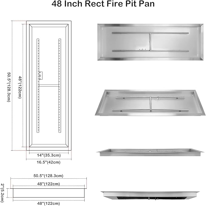 Stanbroil 48 x 14 Inch Rectangle Drop-in Fire Pit H-Burner Pan, Gas Fire Pit Insert for Outside DIY Fire Table, 304 Stainless Steel, BTU 185,000 Max