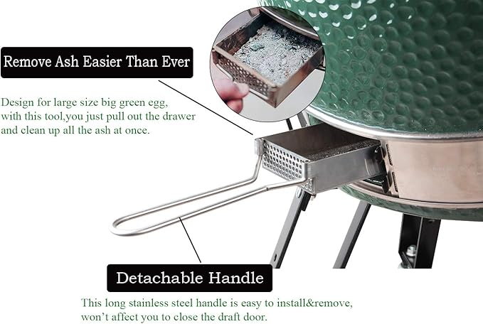 Upgrade Slid Out Ash Drawer for Big Green Egg Accessories Ash Tool, Ash Drawer for Large Big Green Egg Only, Green Egg Replacement Parts Ash Clean Tool, Stainless Steel(New version)