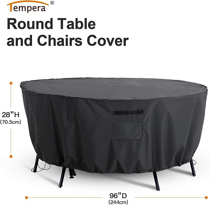 Tempera Outdoor Round Table Cover , Sectional Sofa , Dining Set cover , Anti-Fading , Waterproof Patio Cover for Outdoor Furniture, 96"D x 28"H, Space Grey