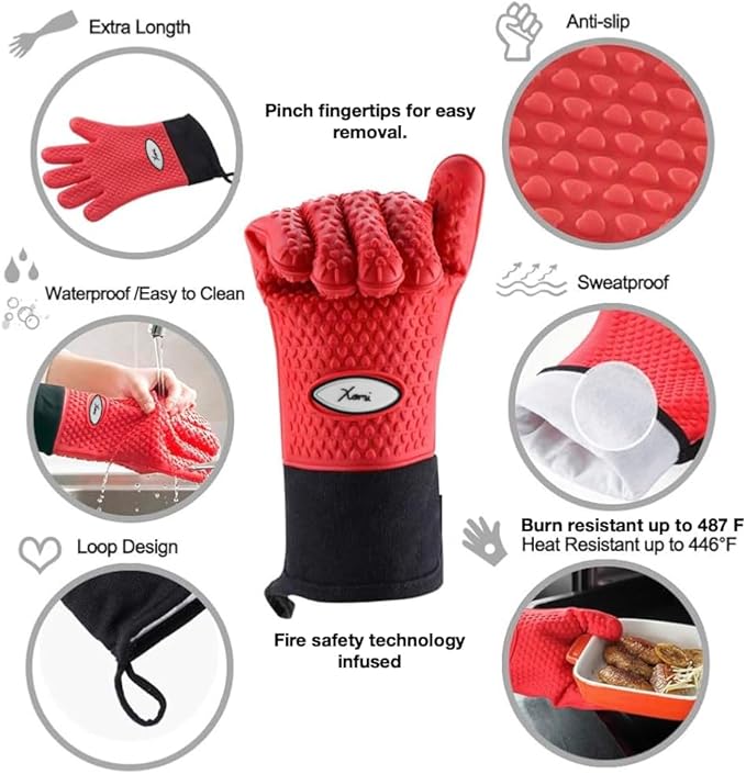 Xomi Premium Silicone Heat and Fire Retardant BBQ & Baking Gloves.