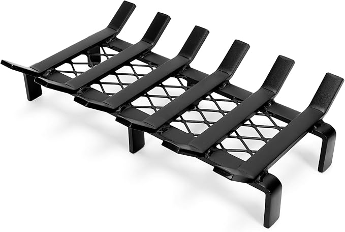 17" Fireplace Grate with Ember Retainer, Wood Stove Grate Rack, Heavy Duty Solid Steel 6-Bars Firewood Holder, Non-Assembly Fire Grate for Indoor Hearth Outdoor Firepit - Matt Black