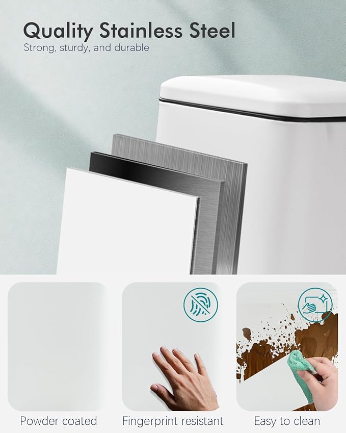 8 Gallon Trash Can with Lid, White Kitchen Trash Can with Soft Close, InnerBucket & Steel Pedal, Stainless Steel Garbage Can for Kitchen, Laundry Room, Office, Bathroom, Dorm, 30 Liters