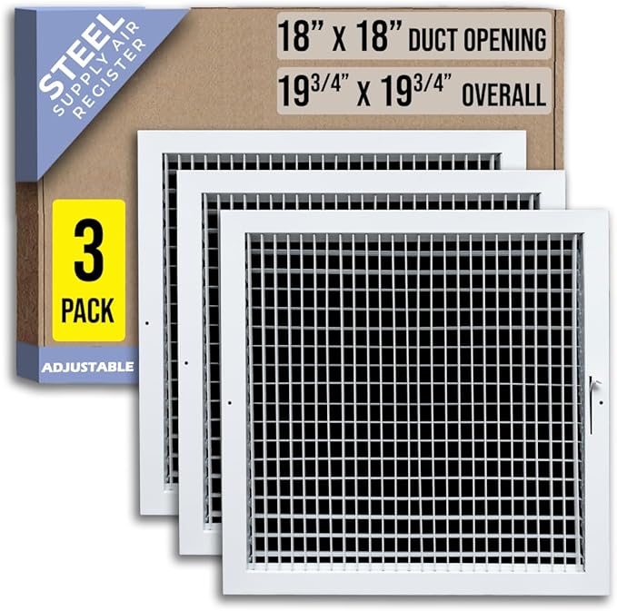 [3 Pack] Fits 18x18 Duct Opening Steel Adjustable Air Supply Grille by Handua | Register Vent Cover Grill for Sidewall and Ceiling | White | Out. Dim.: 19.75" X 19.75"