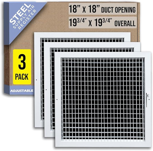 [3 Pack] Fits 18x18 Duct Opening Steel Adjustable Air Supply Grille by Handua | Register Vent Cover Grill for Sidewall and Ceiling | White | Out. Dim.: 19.75" X 19.75"