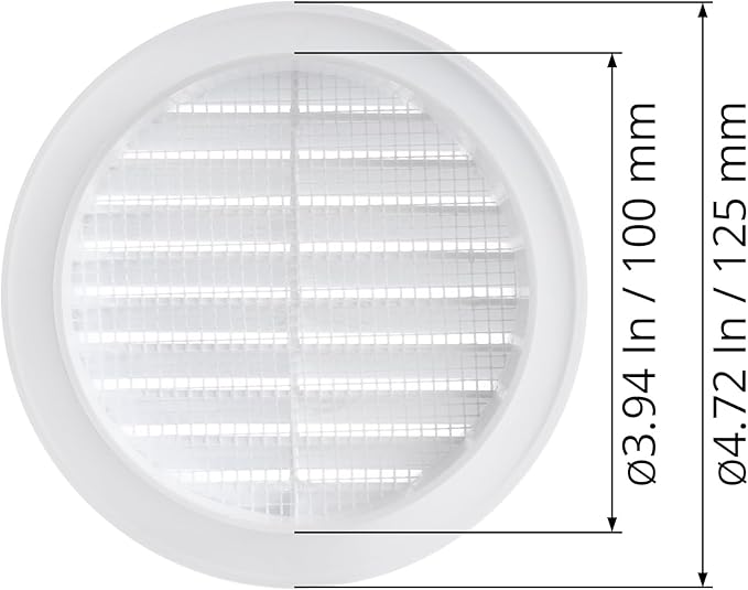 White 4" Inch Round Ventilation Grille with Insect mesh. (Duct 4Ø / Grille 5Ø) Ventilation Applications. Indoor and Outdoor Vent Cover. Available 3 Sizes / 4 Colors.