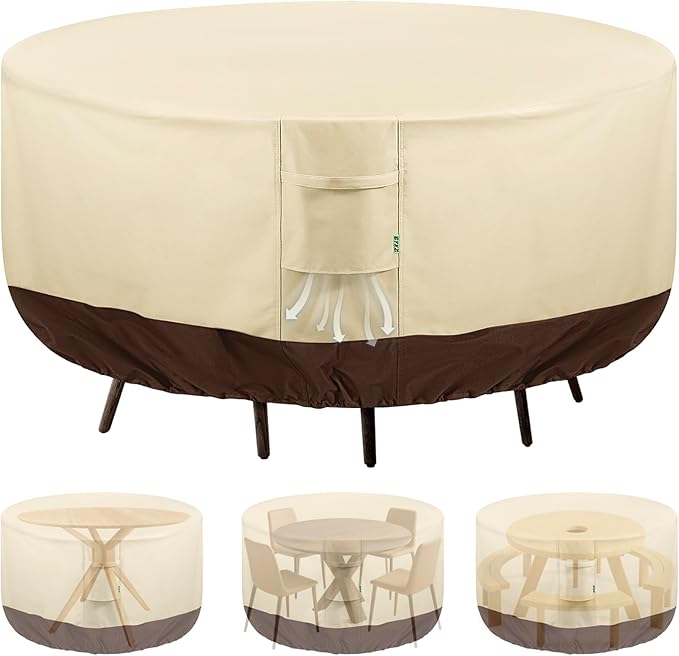 Round Patio Furniture Covers, 84" DIA x 28 H Waterproof Outdoor Furniture Cover for Patio Table & Chair Sets, 600D Heavy-duty UV-Resistant Fade-Proof Protection, Beige & Brown