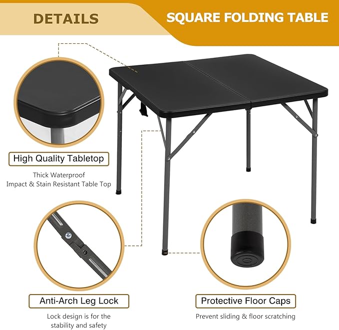 FDW 34" Folding Card Table Plastic Table Portable Square Height Dining Table Perfect for Party and Parties Backyard Events, Black