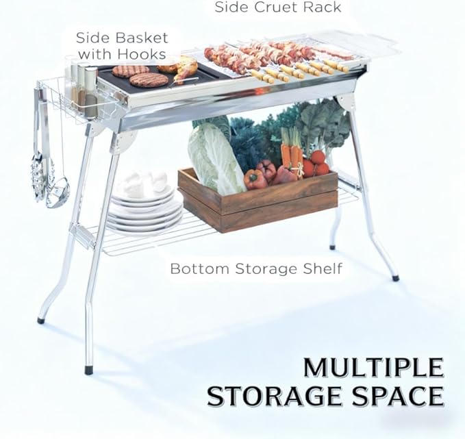 Folding Charcoal BBQ Grill with Storage Shelves, Portable Stainless Steel Charcoal Grill with Griddle Pan & Cooking Grate, Camping Picnic Hibachi Grill for Outdoor Cooking