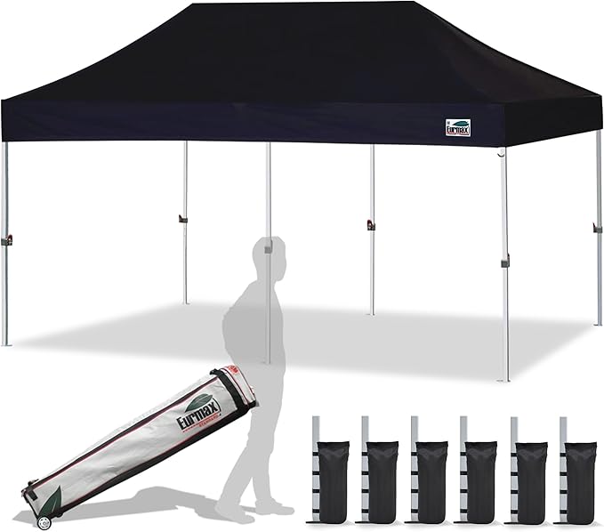 Eurmax USA 10'x20' Pop Up Canopy Tent Commercial Instant Canopies with Heavy Duty Roller Bag,Bonus 6 Sand Weights Bags (Black)