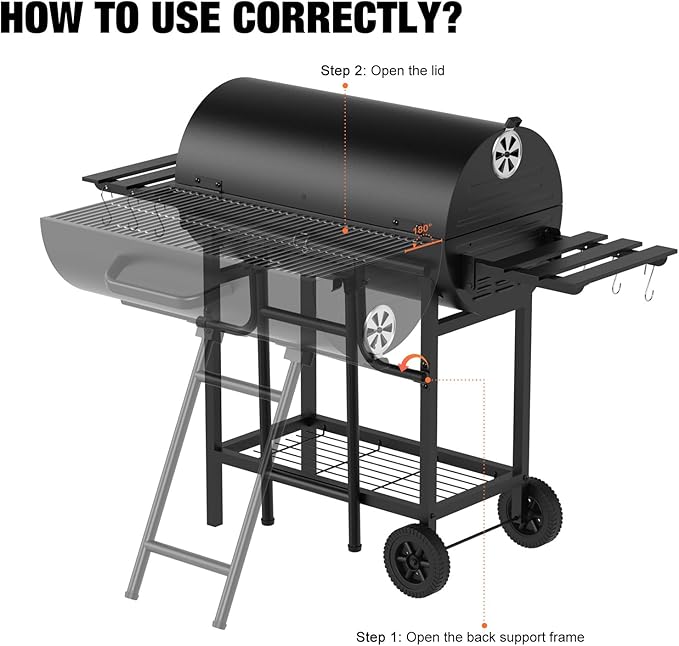 Extra Large Charcoal Barbecue Grill, 871 Sq. In. Cooking Space, Outdoor Barrel BBQ Grill with 2 Foldable Side Tables for Outdoor Backyard Patio Picnic Parties Camping, Black