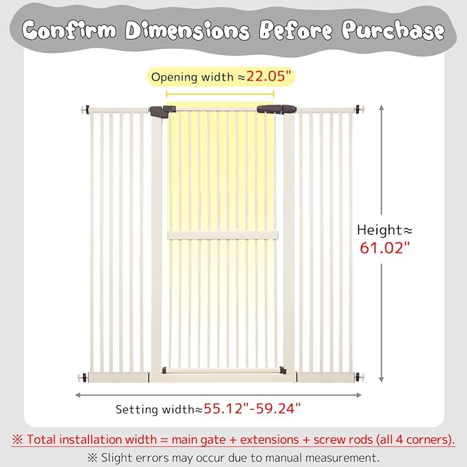 Lumizone Extra Tall Cat Gate 61.02" High Pressure Mounted Extra Wide 55.12"-59.24" (17Sizes) 1.37" Gap No Drilling Auto-Close Tall Pet Gate for Dogs (Cream, 55.12"-59.24" W)
