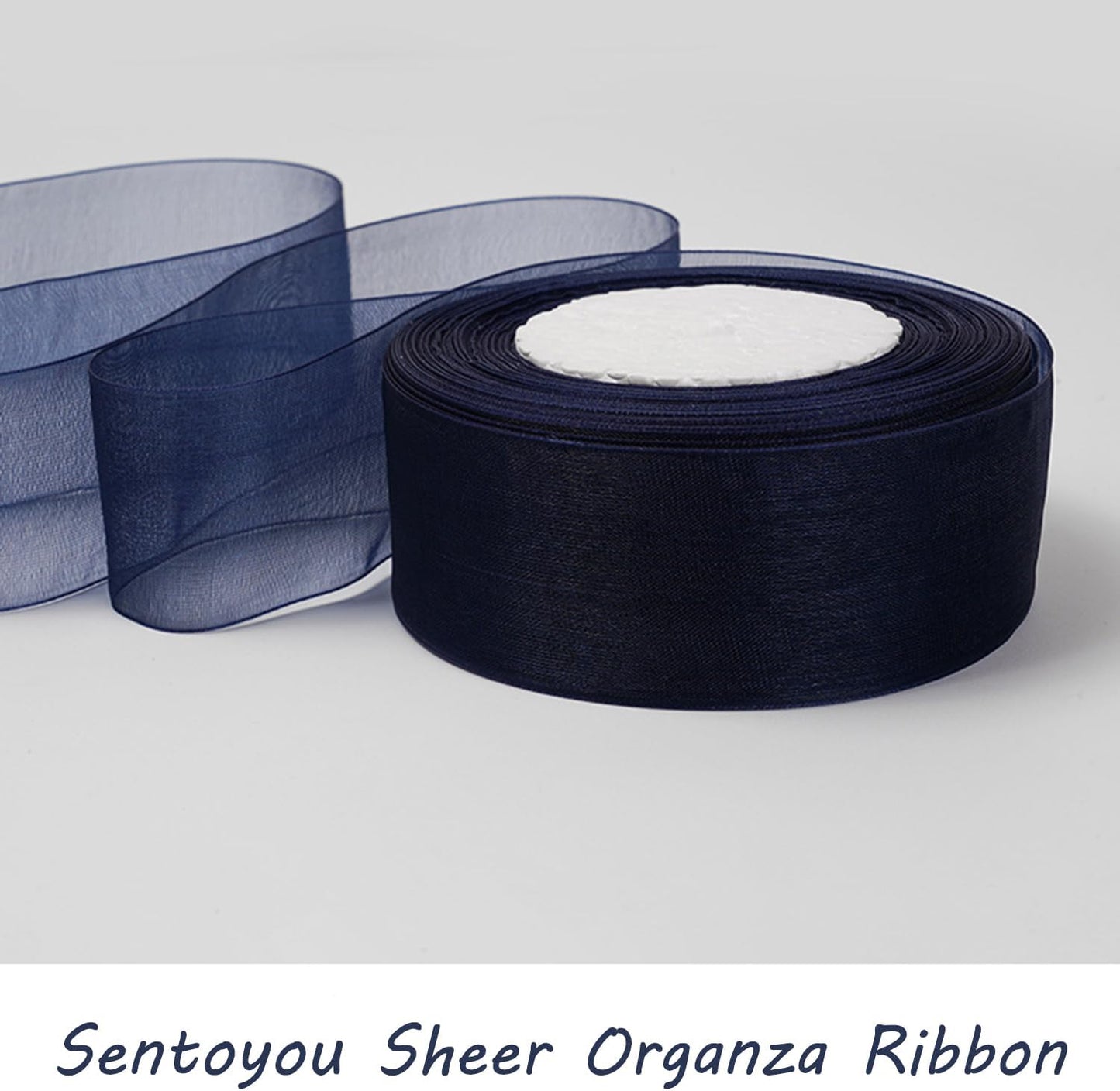 Bule Ribbon for Gift Wrapping, 1 inch 50Yard Sheer Organza Tulle Ribbon for Flower Bouquet, Navy Blue Gifts Wrap Chiffon Ribbons for Fathers Day, Wedding, Crafts, Birthday Party Decorations