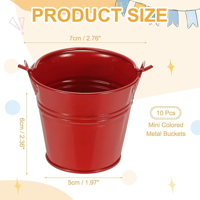 Small Metal Buckets, Mini Buckets with Handle Galvanized Colored Tin Pail Containers Basket Party Supplies - Fit for (Halloween - Classroom Crafts) 2.7" & 10Pcs & Red