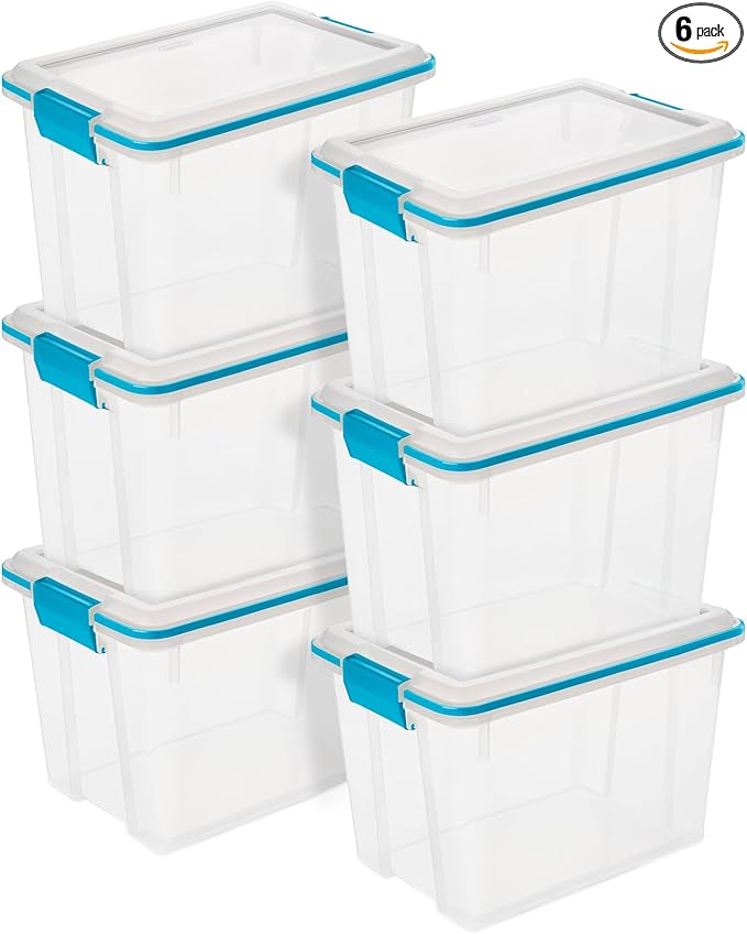 Sterilite 6-Pack Gasket Box, Weather-Resistant Storage Bins with Latching Lids, 20 Quart - Heavy-Duty Organizing Containers for Closet, Bathroom, and Office