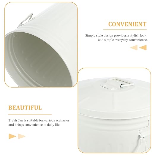 Wakauto Round Trash Can with Lid 8L Kitchen Waste Container Metal Recycling Bin for Bedroom Outdoor Office Home Use Beige